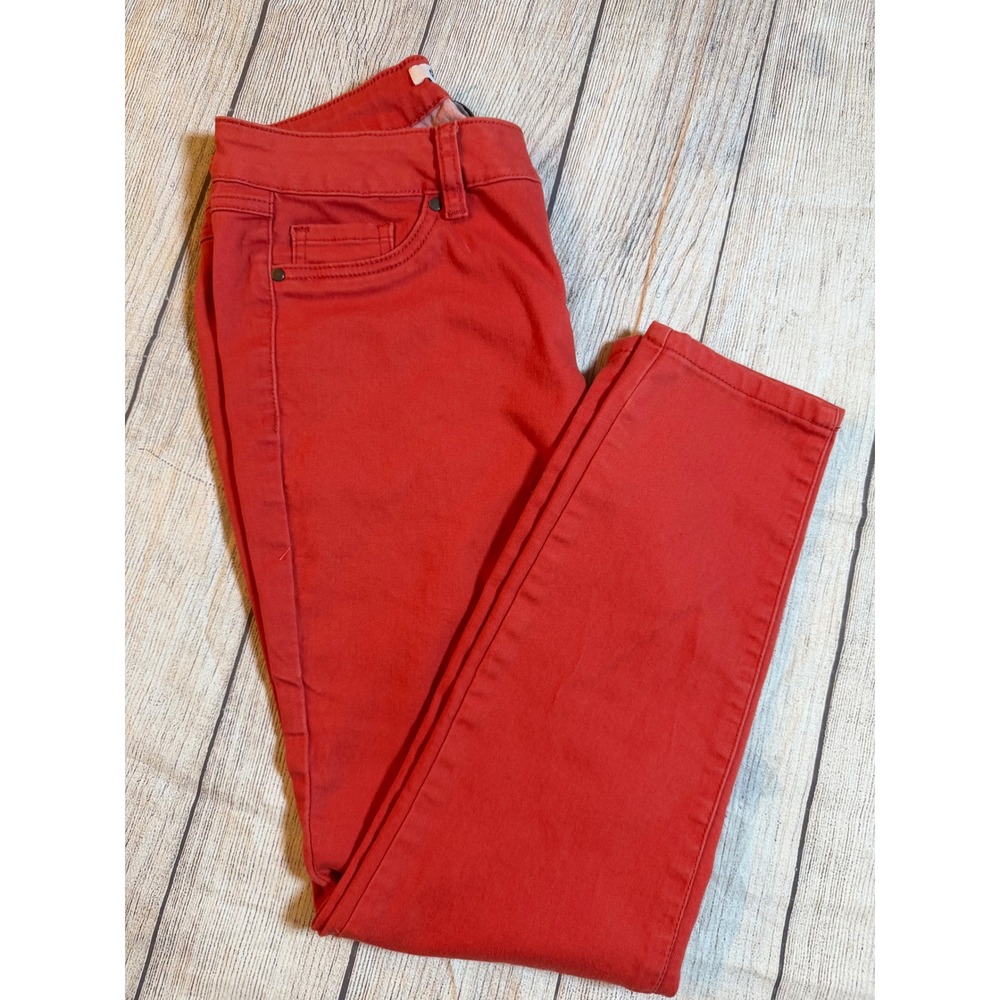 Womens Coral Red Skinny Jeans Stretch Denim Mid Rise Slim Fit Five Pocket Pants